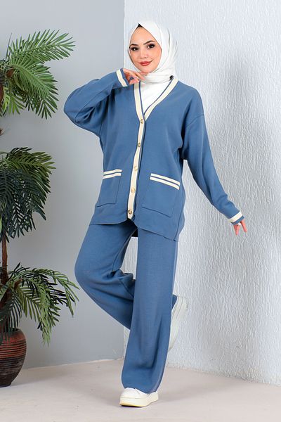 MODAQU Blue Knitwear Cardigan and Trousers Set - Pocketed