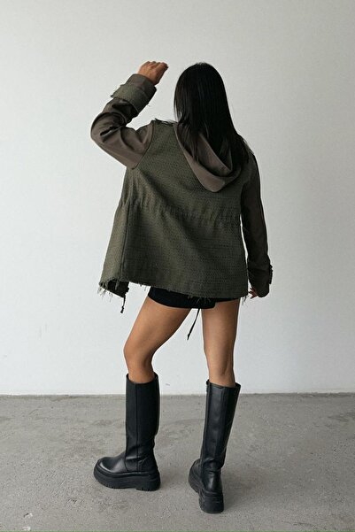 Ortaya Çık Hooded Khaki Coat - Pocket Detail and Waist Drawstring