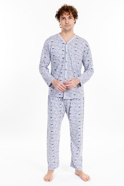 Pemilo Men's Patterned Buttoned Long Sleeve Pajama Set Gray