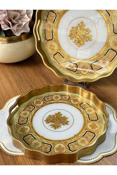 MD MİMOZA DEKOR Luxury 2 Pieces Round Wooden Tray