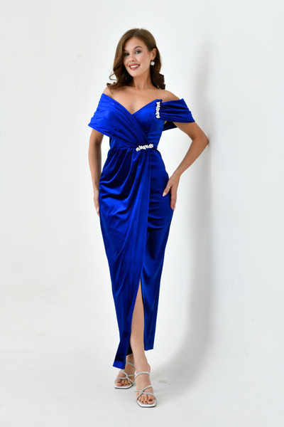 Neşeli Butik Жіноча оксамитова вечірня сукня з каменем і розрізом NBS9361