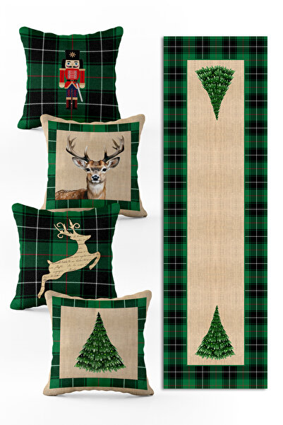 Evmila Yılbaşı Özel Set 4 Adet Kırlent 1 Adet Runner