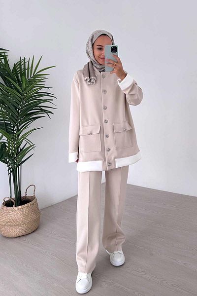 Ka Hijab Beige Elegant Scuba Set - Button Detailed