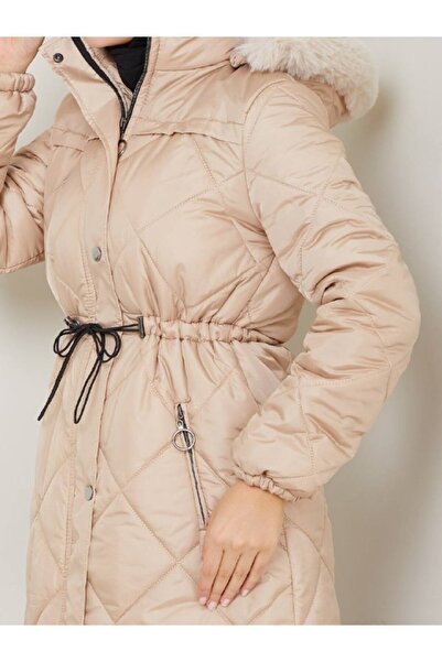 KMKkombin Γυναικείο καπιτονέ παλτό με φερμουάρ στο πλάι με κουκούλα με κορδόνια στη μέση