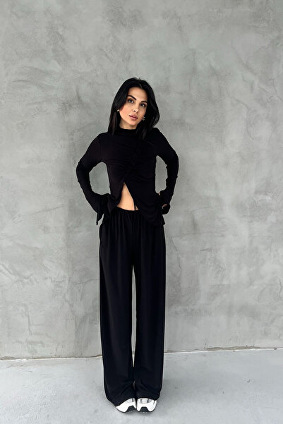 Seda Yalçın Atelier Black Gather Detailed Long Sleeve Blouse and Loose Trousers Set
