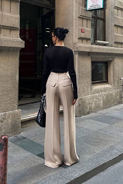 Ortaya Çık Μπεζ παντελόνι Palazzo - Μάλλινο εφέ, ύφασμα με σχέδιο τσέπης