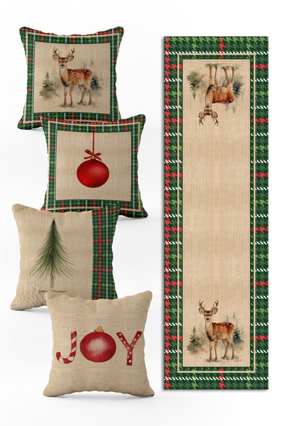 Evmila Yılbaşı Özel Set 4 Adet Kırlent 1 Adet Runner