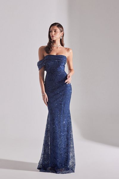 BETTY & SAM Aster Glittered Off Shoulder Fish Skirt Evening Dress