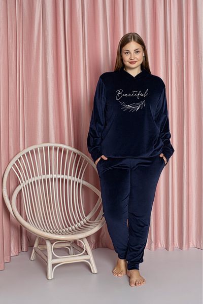 Lady Navy Blue Plus Size Velvet Pajama Set