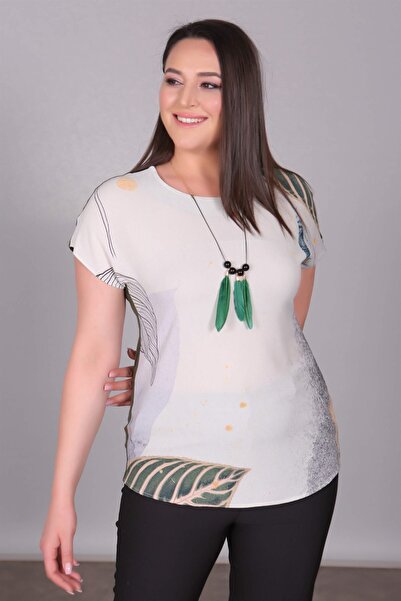 Trend42plus Leaf Patterned Low Sleeve Khaki Blouse