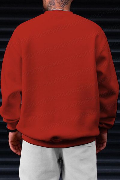 Millionaire Men's Red Dreamer Printed 0 Crew Neck Oversize Loose Loose Cut Fleece Sweatshirt