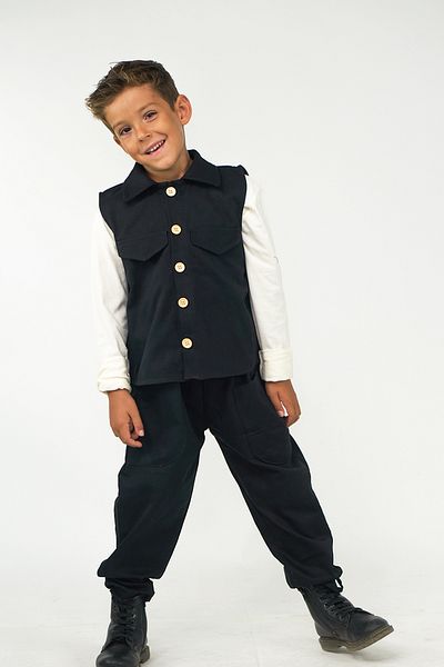 Catz Kids Set de 3 vestă sport din Gabardină Neagră + Pantaloni Boyfriend din Gabardină Neagră + Sweat alb cu 2 fire