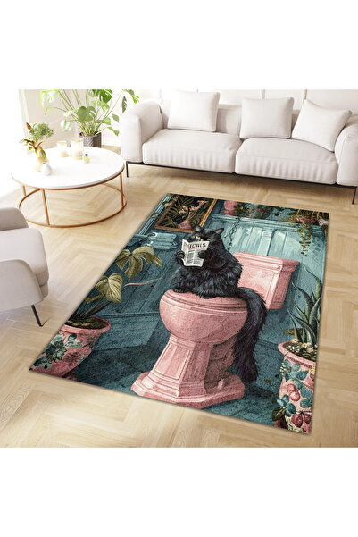 Rugs Modern Halı Kuzey Koleksiyonu Renkli Banyoda Gazete Okuyan Siyah Kedi Do...