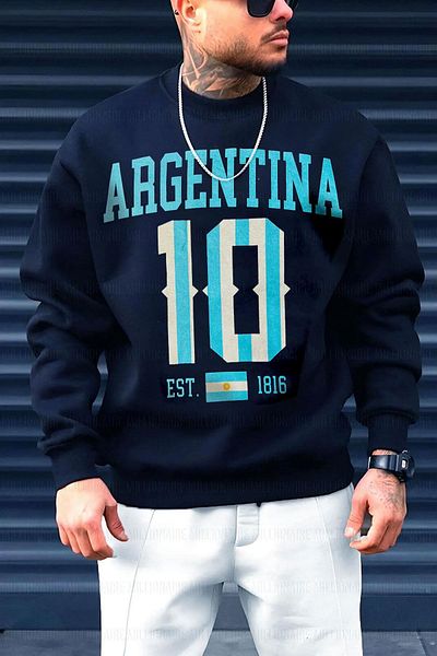 Millionaire Ανδρικό φούτερ με στάμπα Αργεντινής Navy 0 Crew Neck Oversize Loose Loose Fleece φούτερ