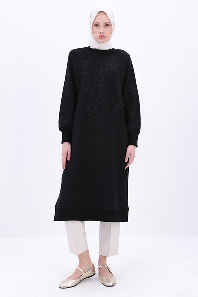 ALLDAY Black Large Size Embroidered Long Sweat Tunic