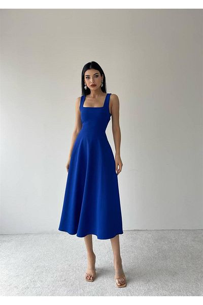 conconmoda Calliope Square Collar Midi Dress - Blue