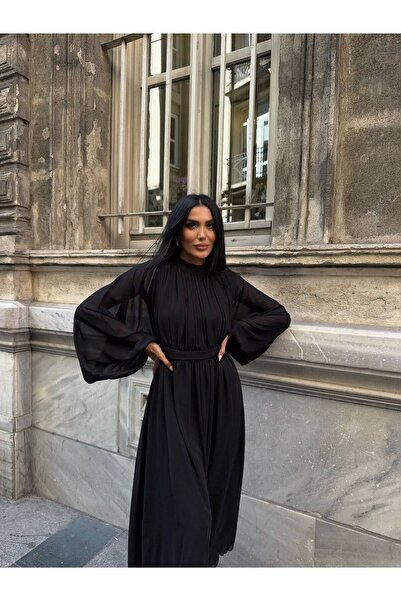 popibutik Uzun Kollu Midi Şifon Elbise