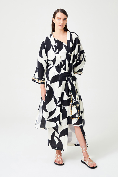 Jus De Pommes SİYAH BEYAZ DESENLİ MİDİ BOY KİMONO