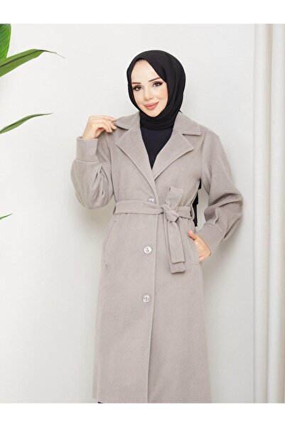 popibutik Kol Detaylı Kaşe Kumaş Kuşaklı Düğmeli Taş Midi Boy Kaban