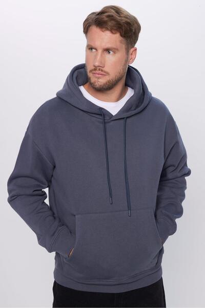 Tudors Unisex Oversize Geniş Kesim Pamuklu Yumuşak Dokulu Içi Polarlı Basic Gri Kapüşonlu Sweatshirt