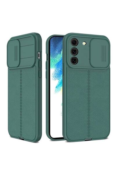 Fibaks Samsung Galaxy S21 Plus Kılıf Sürgülü Slide Kamera Korumalı Deri Görünümlü Lüks Kapak