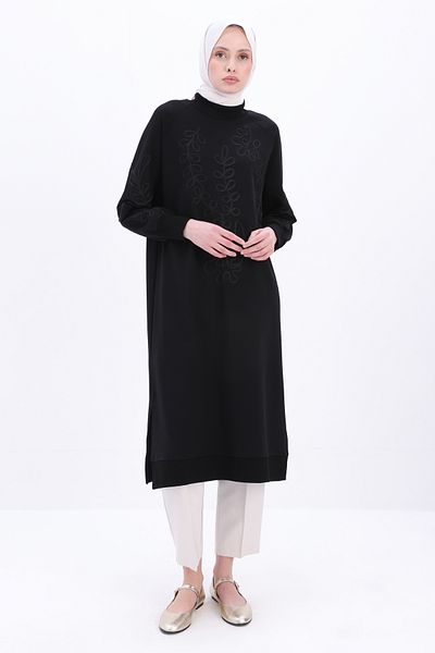 ALLDAY Black Large Size Embroidered Long Sweat Tunic