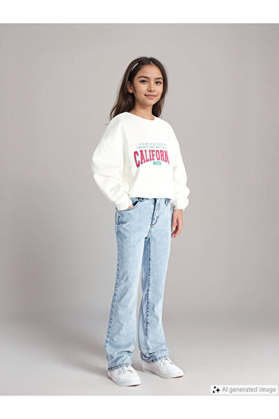 LC Waikiki Blue Girl's Jean Trousers with Adjustable Waist Elastic