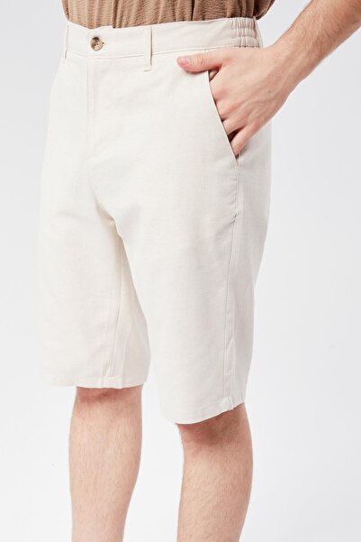 BRACCAS Beige Men's Slim Fit Shorts - Linen Cotton Blend, Half Elastic Waist