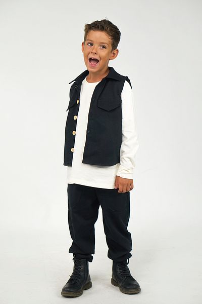Catz Kids Set de 3 vestă sport din Gabardină Neagră + Pantaloni Boyfriend din Gabardină Neagră + Sweat alb cu 2 fire
