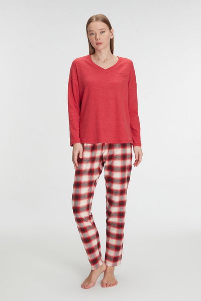 Anıl 11317 Women's Cotton Winter Square Patterned Long Sleeve Pajamas Set