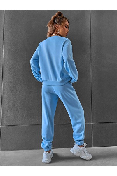 Jooy Company Hanorac albastru cu gât roșu Set de trening pentru femei cu fund albastru cu 3 fire