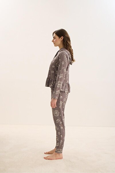 Sevim Γυναικεία μακρυμάνικη κουκούλα ανθρακί πιτζάμες C4T8N9O51
