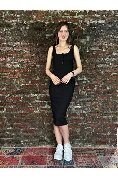 ayakuydur Kadın Siyah Kalın Askılı Triko Elbise