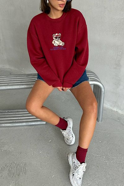 Neşeli Butik Claret Red Embroidered Cotton Women's Sweat - Nbg035