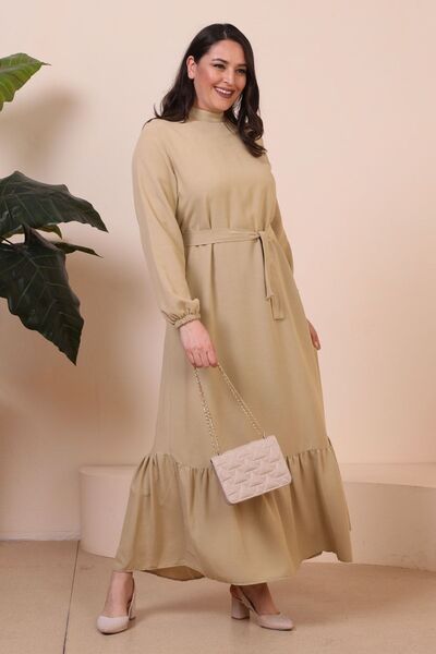 Ferace Μπεζ Πλισέ Hijab Plus Size Γυναικείο Φόρεμα