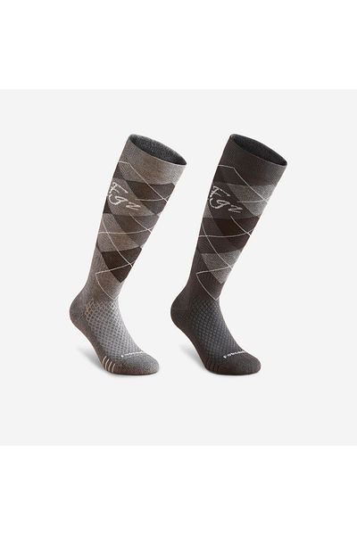 Decathlon Fouganza Adult Riding Socks - 2 Pairs - Grey/Black - Diamond Pattern - 500