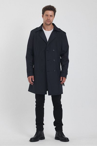 TREND KOMBİN Navy Blue Slim Fit Trench Coat - Double Breasted Collar and Belt Detail