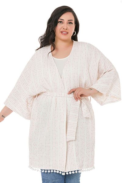 DISENTIS MODEST Plus Size Bat Sleeve - White Kimono with Belted and Pockets and Red Stripes