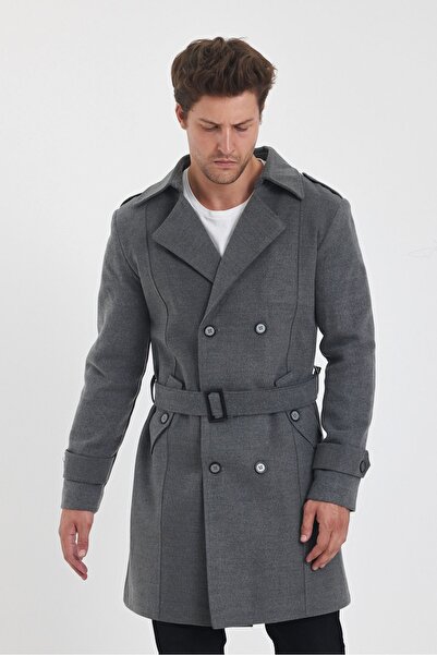 TREND KOMBİN Men's Gray Double Breasted Collar Long Stamp Coat