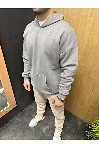 Gri Kapşonlu Basic Sweatshirt
