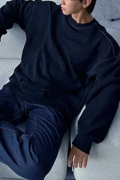 Millionaire Ανδρικό φούτερ Navy Blue Fleece - Λεπτομέρεια ραφής, 0 Crew Neck, Unprinted, Oversize Loose Cut