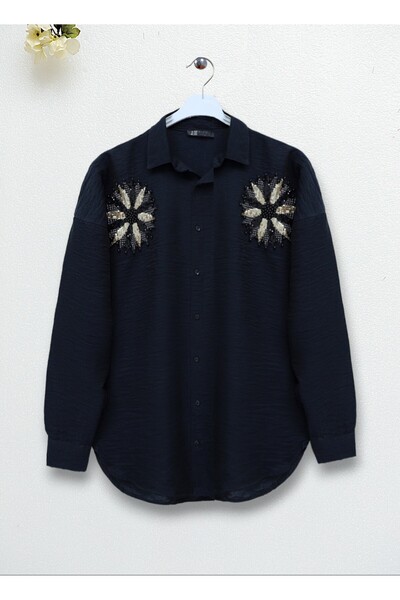 Modamorfo Pullu Güneş Nakışlı Gömlek -Siyah