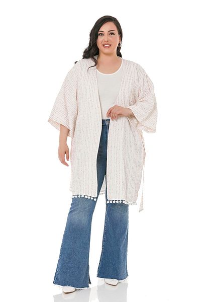 DISENTIS MODEST Plus Size Bat Sleeve - White Kimono with Belted and Pockets and Red Stripes