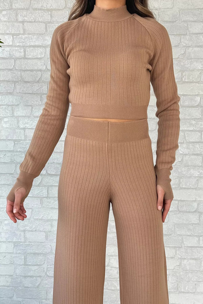 GÜLSELİ Biscuit Women's Half Fisherman Knitted Crop Sweater Trousers Knitwear Top and Bottom Set