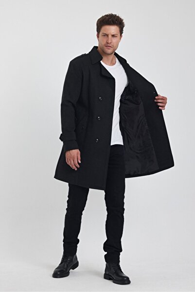 TREND KOMBİN Anthracite Stamped Men's Coat - Long Cut, Double Breasted Collar