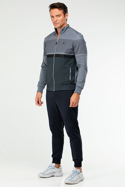 speedlife Gray Men's Tracksuit Set - Stand Collar, Straight Leg, Regular Fit Xa0352