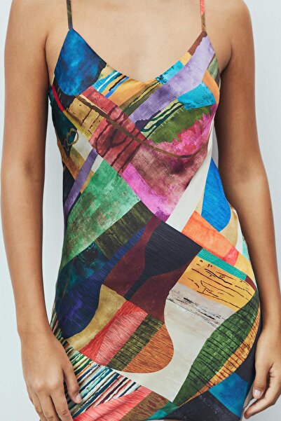 Feu De Elu Cendre Coloré Desenli V Yaka Askılı Kısa Saten Gecelik