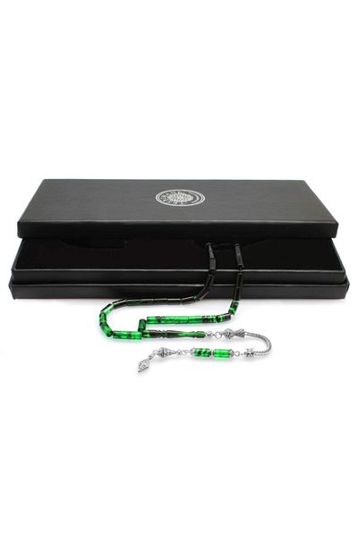 Tesbihane Green-Black Crimped Amber - Tarnish-Free Metal, Anatolian Pattern, Tassel Cut Cut