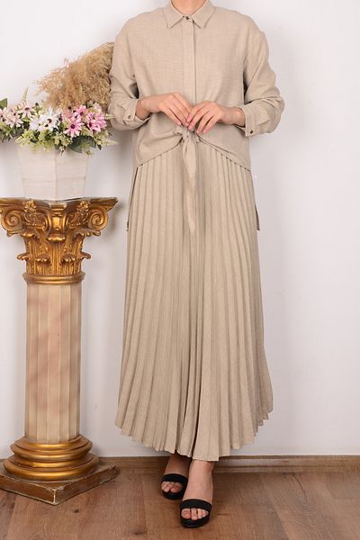 Armine 24Yt641 Stone Color Women's Knitted Blouse with Neckline and Button, Pleated Skirt and Scarf Detail