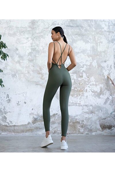 TÜKATO Kadın Yeşil Renk Sırt Dekolteli Çapraz Bant Askılı Toparlayıcı Yoga Pi...